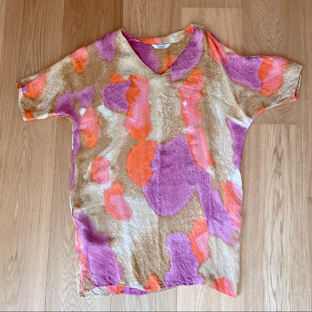 Tucker Silk Geometric Print Shift Dress with side pockets size Medium